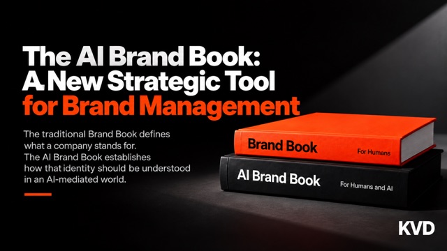 Orange Brand Book labeled For Humans stacked on a black AI Brand Book labeled For Humans and AI, beside the article title