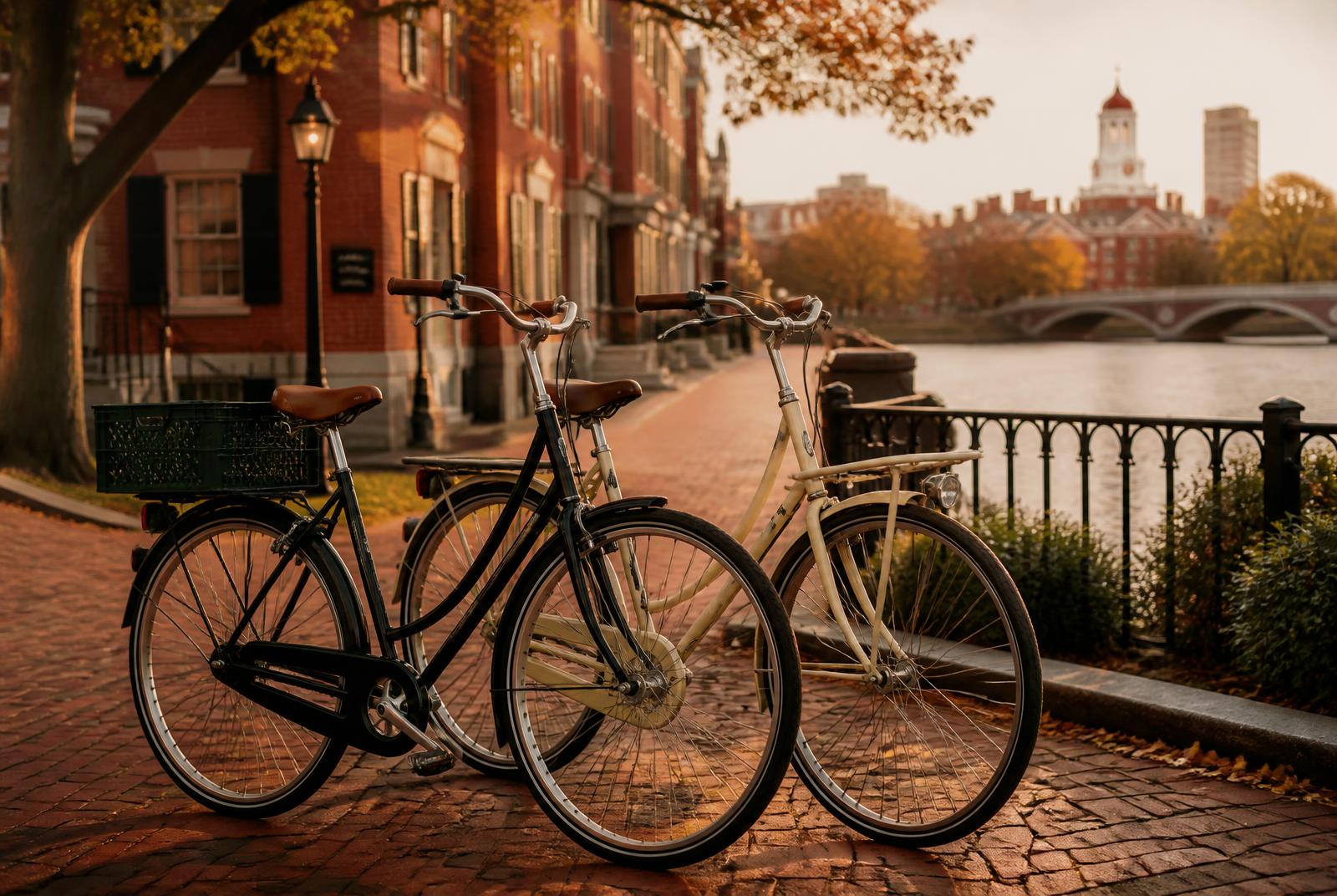 Two bicycles on a brick path along the Charles River in Cambridge, Massachusetts